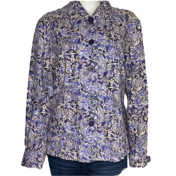 COLDWATER CREEK Floral Linen Blend Jacket in Purple/Cream Size PETITE Large - Picture 1 of 6
